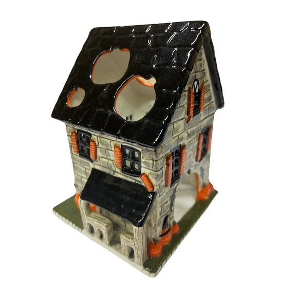 White Barn Halloween Haunted House Ceramic Tealight Candle Holder Spooky Decor - Picture 4 of 8